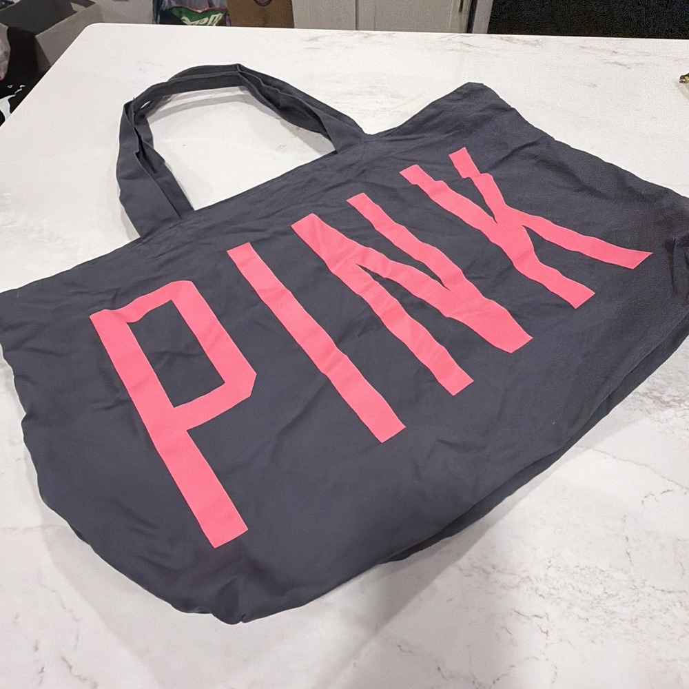 PINK Victoria's Secret Charcoal Tote with Hot Pink Logo 24x16 Beach Ready